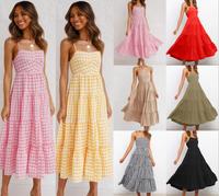 Robe midi plissée à carreaux en coton, à volants croisés au dos, taille naturelle, élégante et décontractée pour femme, été, écologique