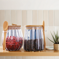 Bocaux de cuisine avec couvercle hermétique en bambou, poignée métallique, en verre rayé, pour café en grains, noix, avec cuillère