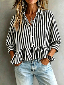 Nouveauté 2026 : Blouse Courte Rayée à Volants pour Femme, Manches Trois-Quarts, Tendance Décontractée - Product Image 5