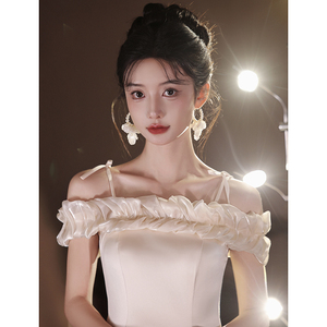 Off The Shoulder Satin Bridesmaid Dress Champagne A Line Natural Waist Strapless Formal Wedding Party Dress - Product Image 4