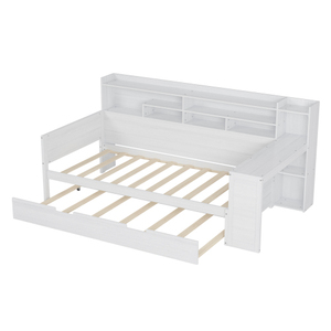 Wooden Twin Size Daybed with Storage Shelves, Multi-functional Bed with Twin Size Trundle Bed and <b>Study</b> <b>Desk</b>, Antique White - Product Image 4