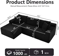 Canapé modulaire en forme de L en velours côtelé noir, sans structure, moelleux, avec mousse à mémoire de forme, aucun assemblage requis, design moderne