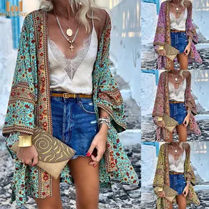 Womens Floral Print Kimonos Loose Long Sleeve Chiffon Cardigan Blouses Casual Cover Up Comfy Beachwear Capes