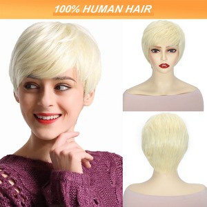 Perruque <span class=keywords><strong>courte</strong></span> 100 % cheveux humains naturels, fabriquée à la machine, sans lacet, 4 pouces, mélange blond 613, noir et blanc, pour femmes, <span class=keywords><strong>coiffure</strong></span> sans frange - Product Image 2