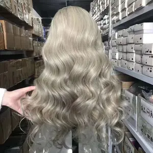 12A Human Hair Cuticle Aligned Hair Ash Blonde Highlight Color Lace Front Wigs With Hair Bang