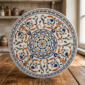 Plateau de table en marbre gravé personnalisé unique avec motif floral, art en pierre artisanal de style Mugal, décoration élégante pour la maison - Product Image 3