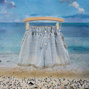 Shorts en jean bleu clair à perles, coupe large, taille haute, avec cordon de serrage, pour femme, décontractés, été - Product Image 3