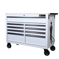 Chariot à outils robuste à neuf tiroirs avec prise de courant, plateau en bois et poignée de poussée ; Armoire de rangement mobile pour atelier