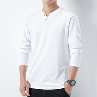 T-shirt basique pour homme à col en V et manches longues, coupe ample, en coton, à deux boutons, pour grandes tailles, vente en gros