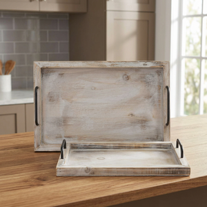 Plateaux de service pour aliments Vintage et rustiques, lot de 2, planche en bois nissage avec poignées en métal - Product Image 3