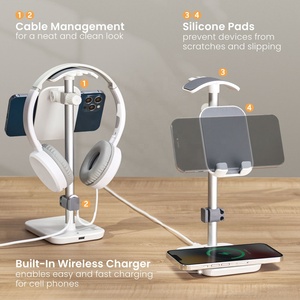 Aluminum <strong>Headphone</strong> <strong>Stand</strong> Charging Station Headset Holder With 15W Wireless Charger and Angle &amp; Height Adjustable Phone Holder - Product Image 3
