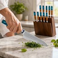 Ensemble de 7 couteaux Santoku, à pain et à plumes en acier Damas avec manche en résine bleue et bois de burl, pour la cuisine familiale et l'usage quotidien