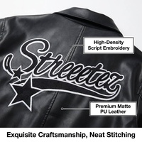 Maßgefertigte Schwarze Herren-Kunstlederjacken mit Spread-Kragen, Reißverschluss-Taschen, Überschnittener Schulter und Stern-Grafik für Vintage-Streetwear