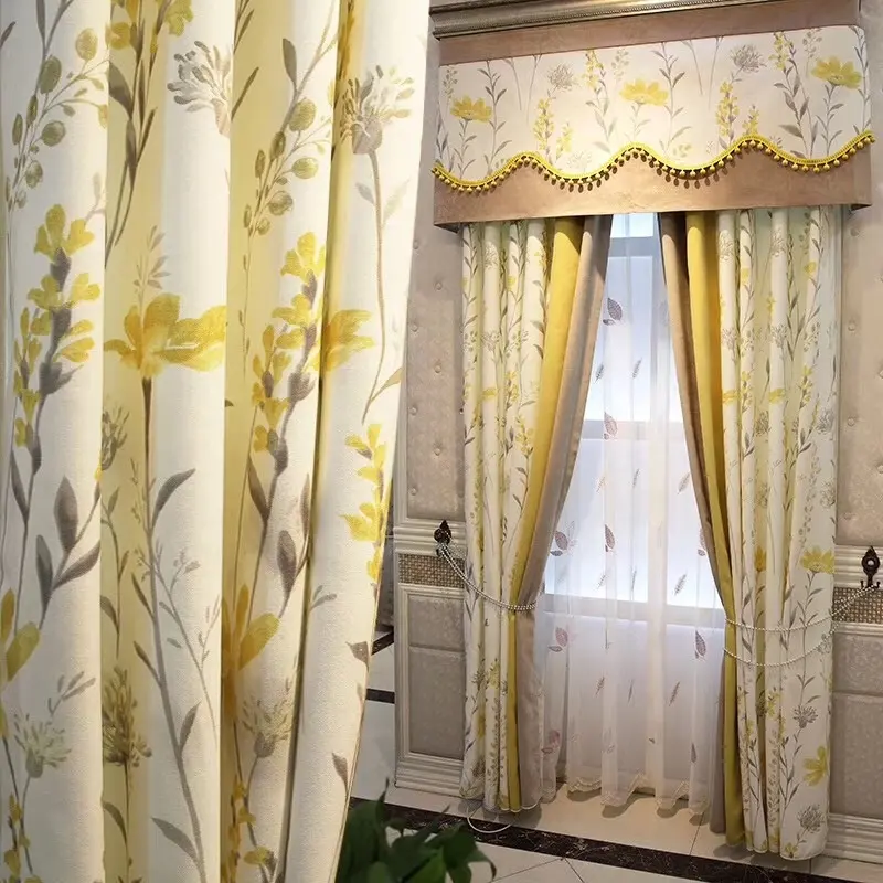 floral country curtain window curtains for bedroom in yellow and cafe brown