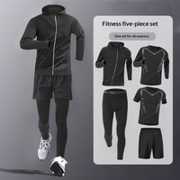Ensemble de sport cinq pièces pour homme, couleur unie, séchage rapide, manches longues, en soie de lait, élasthanne et polyester, pour le fitness