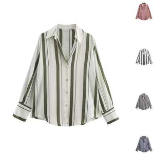 Chemisiers à manches longues en satin rayé imprimé vintage pour femmes, nouvelle mode automne, tops chics - Product Image 1