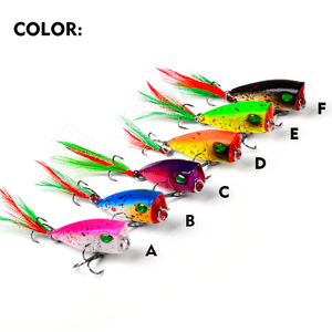 Leurre de pêche popper 43mm 4g 6 couleurs avec yeux 3D et hameçons à plumes triples, leurre de surface, appât dur - Product Image 2