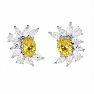 Orecchini a perno con fiore in moissanite gialla taglio ovale, montatura a griffe in argento 925, gioielli di lusso da donna per matrimonio - Product Image 1