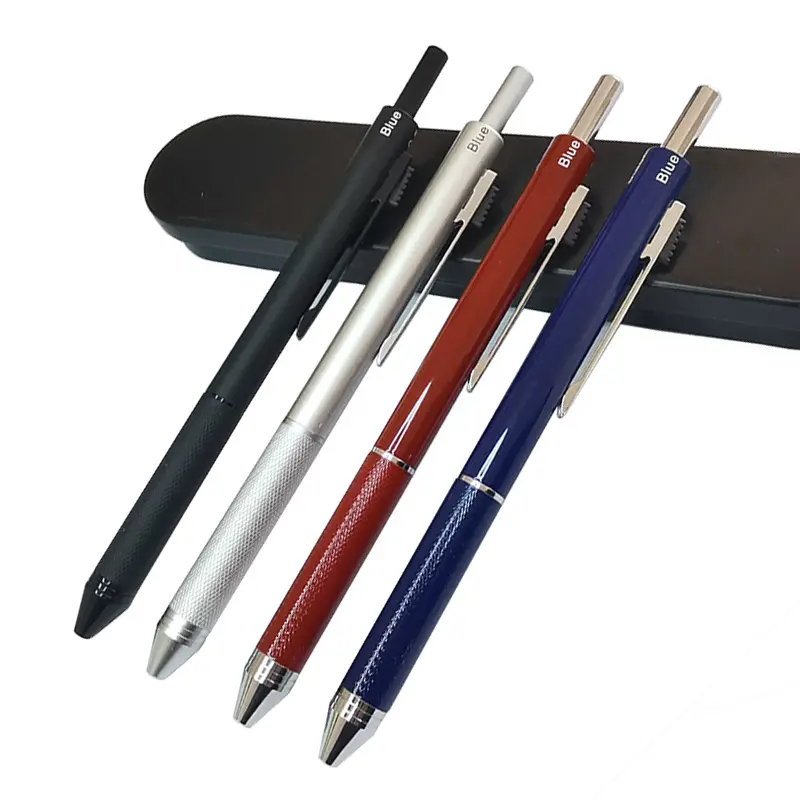 4 ב 1 רב-פונקציה הכבידה מתכת עט אדום כחול שחור שלושה צבע כדורי עט + עיפרון מכאני