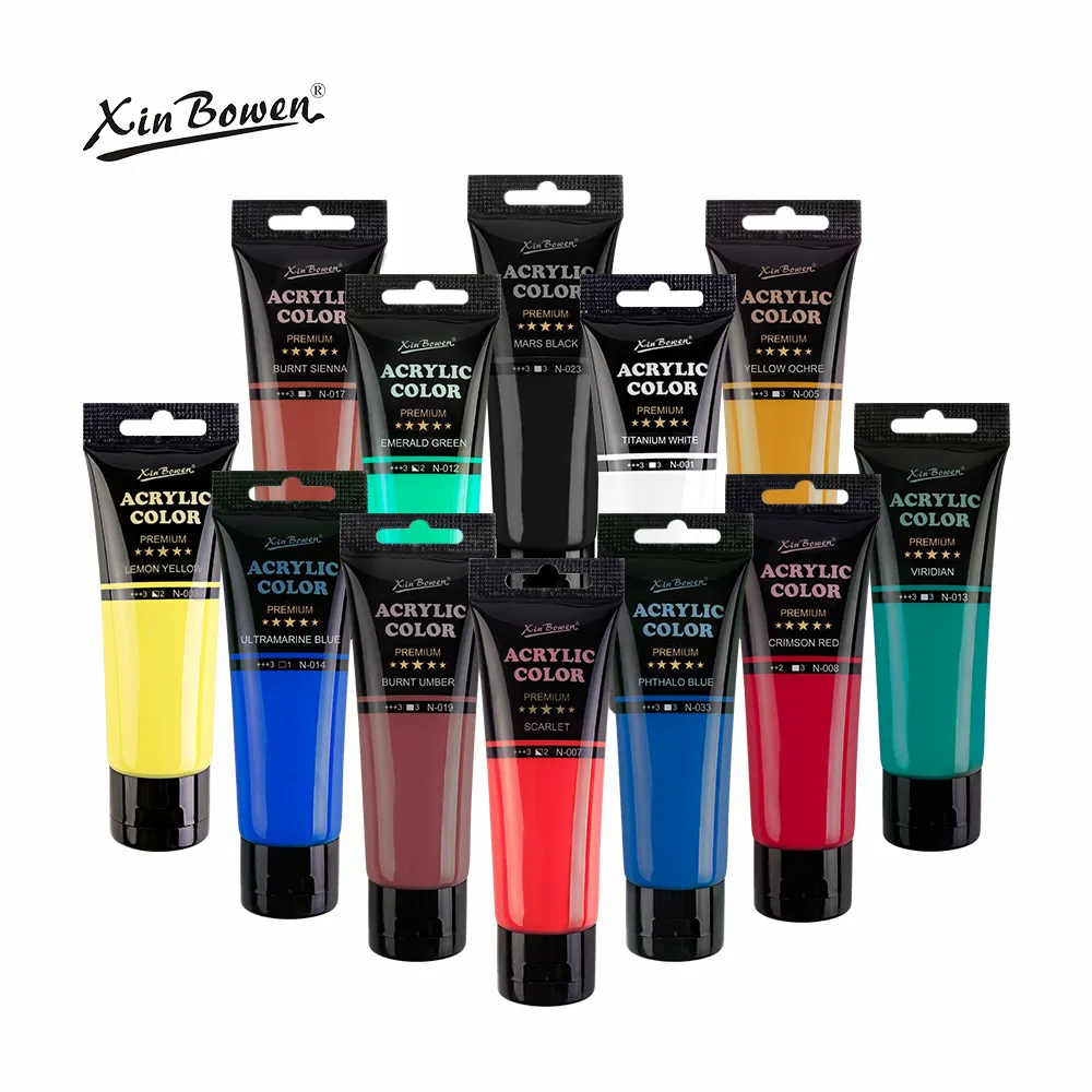 Xin Bowen CE 75ML 아크릴 페인트 12 색 아티스트 페인팅 재료 높은 적용 범위 아트 페인트 EN-71 및 CPC로 밝은 색상