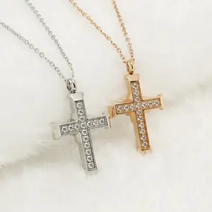 Tennis Inlaid Price Stainless Steel Silver Christian Egyptian Religion Zircon Cross Pendant Necklace