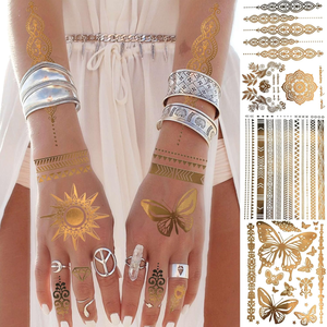 สติกเกอร์รอยสักโลหะสีทองฟอยล์สีเงิน,สติกเกอร์รอยสักชั่วคราว Mehndi กันน้ำสร้อยคอโซ่สีทองศิลปะบนร่างกาย - Product Image 1