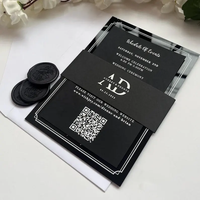 Ensemble d'invitations de mariage de luxe en acrylique transparent, suite RSVP personnalisée avec impression blanche et pochette moderne noire