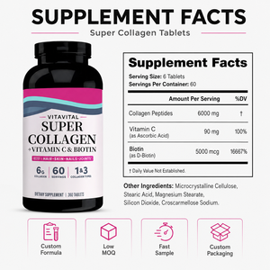 Tabletas de Super Colágeno OEM ODM con <span class=keywords><strong>Vitamina</strong></span> <span class=keywords><strong>C</strong></span> y Biotina <span class=keywords><strong>para</strong></span> Apoyo a la Belleza, Fabricante de Marca Privada, Fórmula Personalizada, MOQ Bajo, Vegano - Product Image 3