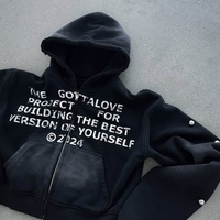 Sudadera con capucha unisex de lana Y2K para hombre, estilo urbano y deportivo, al por mayor, de forro polar, corta, con cremallera, personalizada, efecto desgastado por el sol, con pedrería.