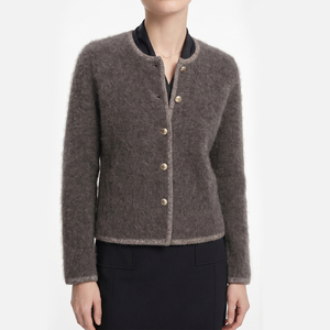 <span class=keywords><strong>Cardigan</strong></span> <span class=keywords><strong>gris</strong></span> vintage en maille à col rond et manches longues pour <span class=keywords><strong>femme</strong></span>, orné de boutons métalliques, en super mohair, à simple boutonnage - Product Image 1