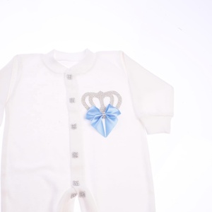 Conjunto de mameluco de bebé personalizado al por mayor, 3 piezas, ropa tejida de algodón para Primavera, conjunto azul de regalo de cumpleaños para recién nacido - Product Image 6