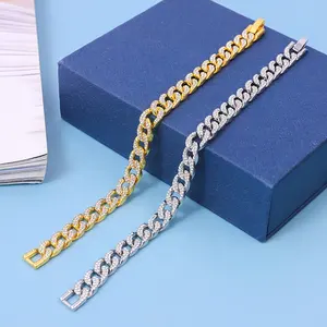 RENQING Hot Sell Alloy And Bling 2 Rows Rhinestone Hip Hop 9mm Iced Out Cuban Link Chain Bracelet