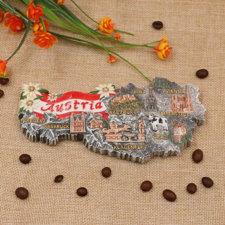 Wholesale Austria Tourist Countries Themed Custom Souvenir Polyresin Fridge Magnet Souvenirs Decorations