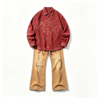 Chemise épaisse vintage délavée avec impression DTG Kornit, effet spray vieilli, streetwear, denim rouge délavé au soleil, broderie ondulée, boutonnée