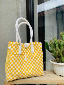 Elegant Adult Fashion Premium <b>Plastic</b> Handbags Weaved Lurik Pattern Indonesia Eco-Friendly Recycled Material Sembagi Yellow - Product Image 2