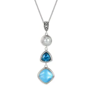 Ladys Womens Chính Hãng Sealife 3 Đá Quý Larimar Vòng Cổ Pha Lê Pendant Charm 925 Sterling Silver