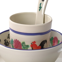 Service de table quatre pièces en mélamine motif floral coq : bol, assiette, cuillère, plat pour restaurant et hôtel