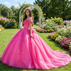 Robe de bal princesse élégante fuchsia Dy8566, dentelle perlée, broderie florale, manches bouffantes, robe de Quinceañera Jancember - Product Image 1