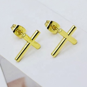ต่างหูแบบติดหูรูปกากบาทเรียบง่าย ชุบทอง 18k ต่างหูรูปกากบาทขัดเงา - Product Image 2