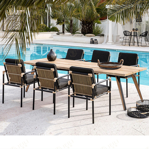 Ensemble de mobilier de <span class=keywords><strong>restaurant</strong></span> extérieur commercial JEILI, <span class=keywords><strong>grand</strong></span> parasol, table en teck, ensemble de chaises en corde, imperméable, projet de bord de piscine d'hôtel - Product Image 1