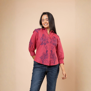 Chemisier polyvalent en lin rose de qualité supérieure avec broderie florale, respirant, idéal pour toutes les saisons, pour femme - Product Image 6