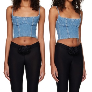 Custom Women Blue Bustier Denim Tank <b>Top</b> Paneled Square Neck Shoulder Straps <b>Cropped</b> Hem Jean Tank <b>Top</b> - Product Image 6