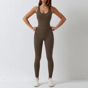 Setelan pakaian Gym wanita, Jumpsuit pakaian aktif dapat bernafas lembut satu potong melar