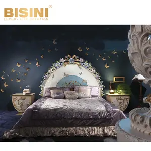 Set Tempat Tidur Italia Violet Mewah Gaya Milan Kupu-kupu Cantik Bunga Set Tempat Tidur Pernikahan Villa Kamar Tidur Ratu atau Ukuran King Tempat Tidur Ganda
