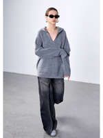 100% Reiner Kaschmir Lässiger Oversize-Hoodie Tunika für Damen Tiefer V-Ausschnitt Känguru-Tasche Fallende Schulter Weite Ärmel Flauschiger Strick Warm