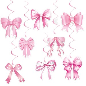 Décoration d'anniversaire rose avec nœud, ornement suspendu en spirale, décoration de gâteau pour célébration de fille, jetable - Product Image 5