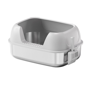 Extra Large Stainless Steel <b>Cat</b> Litter <b>Box</b> Open Style Splash Proof With Shovel And Anti Slip Pads Grey Rectangle - Product Image 2