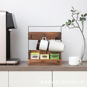 <b>Wooden</b> Cup Holder With Tray Hanging <b>Rack</b> Tea Coffee Bag Organizer Desktop <b>Storage</b> Square Shape Layer Type - Product Image 2