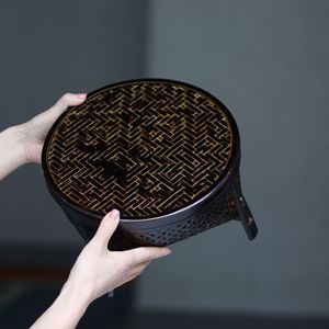 <b>Bamboo</b> Woven Storage Basket Round Black And Yellowish Brown Tea Set <b>Container</b> Living Room Use - Product Image 1