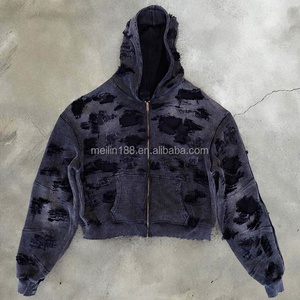 Manufacturers Clothing Custom Waffle Thermal Hoodie Distress Acid Wash Vintage <b>Zip</b> <b>up</b> <b>Jackets</b> Blank Waffle Hoodies for Men - Product Image 3